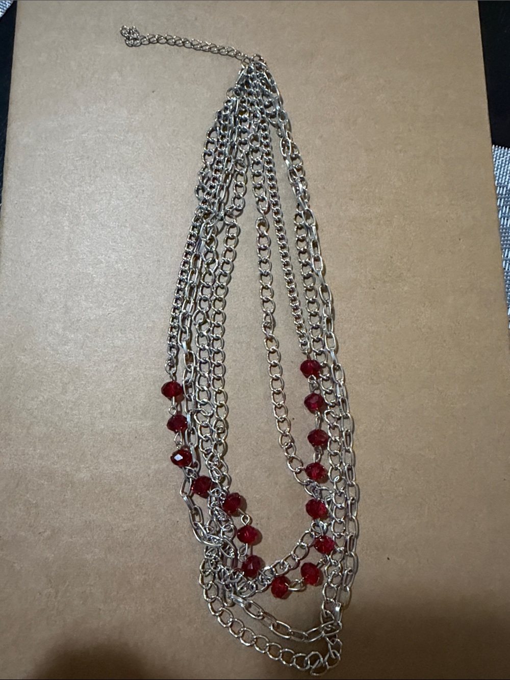 Silver Multi-Chain Necklace with Red Beads